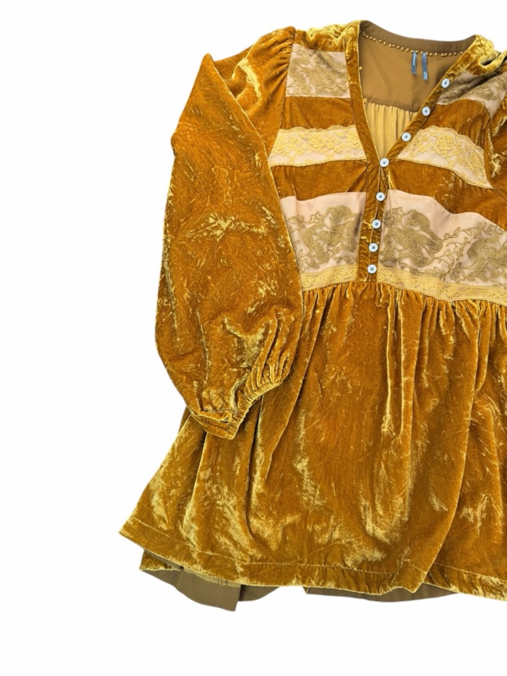 Anthropologie Women’s Long Sleeve Velvet Lace Babydoll Top In Gold Size Large - Picture 3 of 8